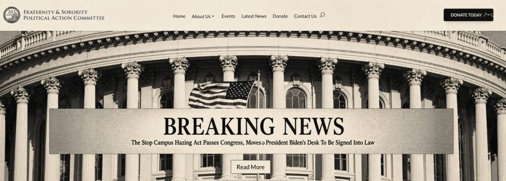 Image from the landing page of the Fraternity & Sorority Political Action Committee's website celebrating the passage of the Stop Campus Hazing Act.
